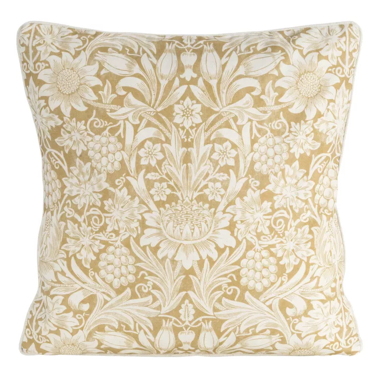 Poszewka na poduszkę 50x50 cm bawełniana z dodatkiem lnu żółto, kremowa zdobiona nadrukiem roślinnym  LEN Eurofirany