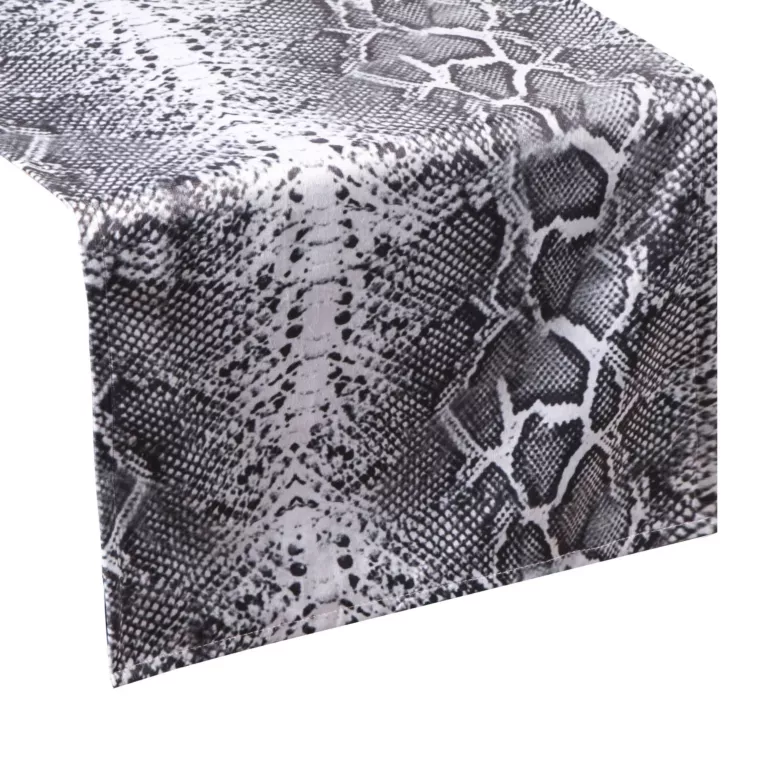 Bieżnik na stół biało, czarny 35x140 cm welwetowy ASTEYA z egzotycznym motywem wężowej skóry EVA MINGE
