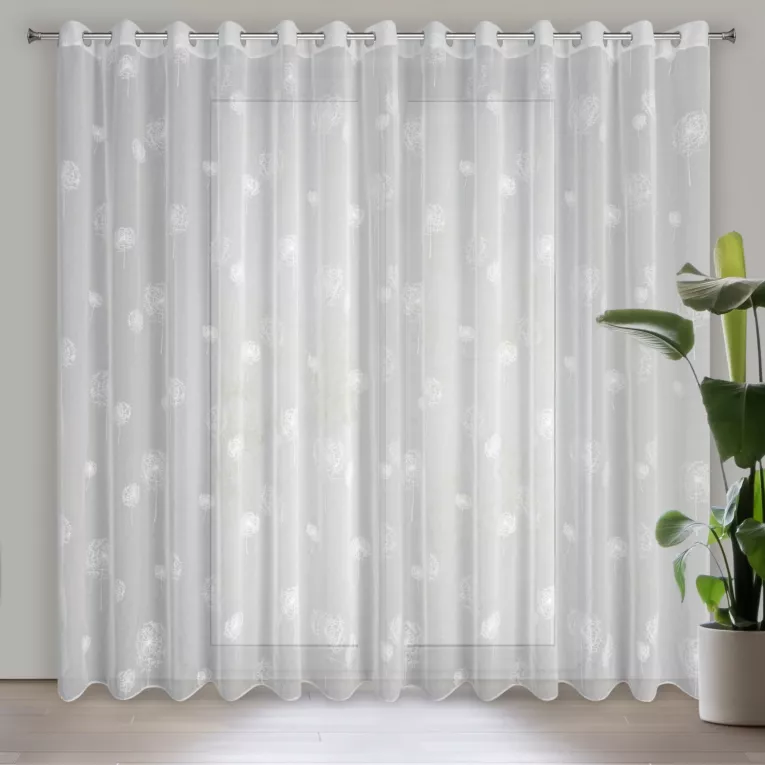 Dekoracja okienna SABINE biała w srebrne dmuchawce z etaminy Eurofirany