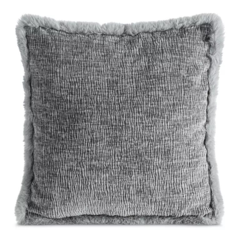 Poszewka na poduszkę 45x45 cm stalowa szenilowa zdobiona futerkiem na brzegach poszewki BLANCA 03 Eurofirany