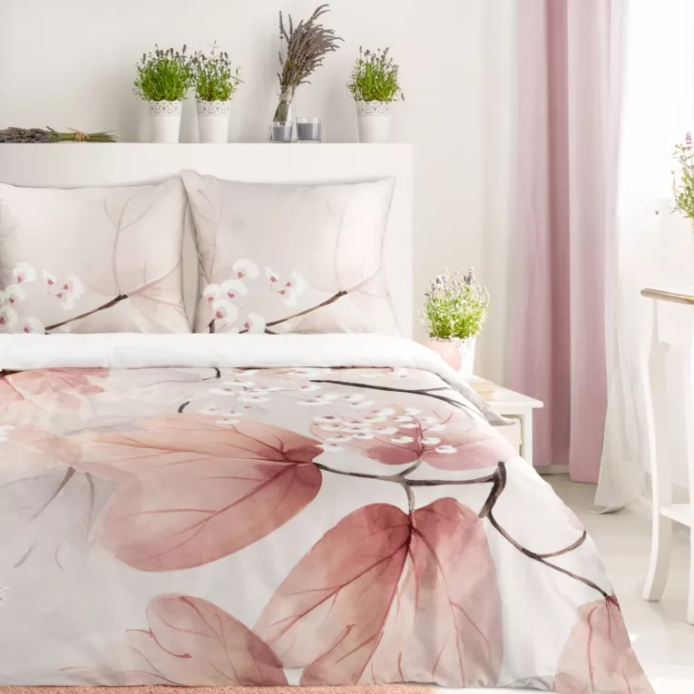 Pościel 220x200 bawełniana kolor pudrowy róż, biały z wzorem liści FLORES Eurofirany Premium