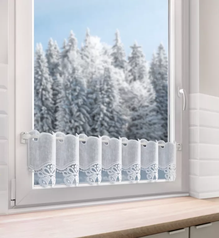 Tkanina firanowa zazdrostka z ażurowym haftem świątecznym w formie dzwoneczków Eurofirany