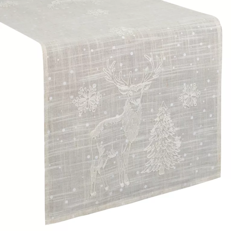 Bieżnik świąteczny na stół 40x140 cm beżowy o strukturze lnu zdobiony delikatnym nadrukiem Eurofirany