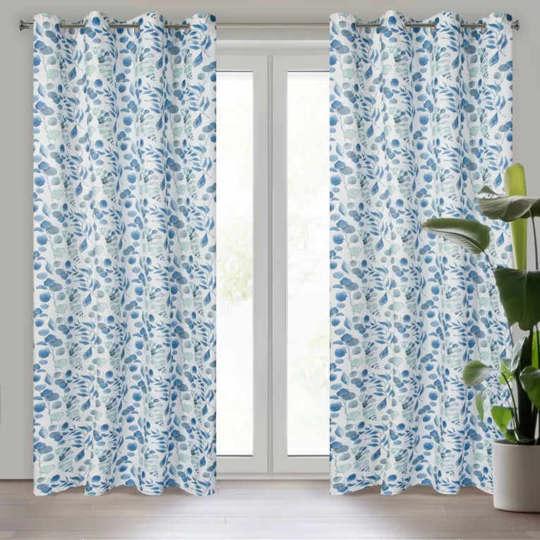 Zasłona biała w niebieskie liście 140x250 cm przelotka ROSALI Eurofirany