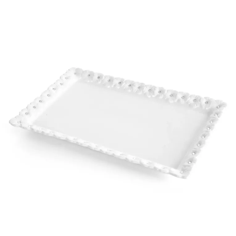 Patera dekoracyjna biała zdobiona w drobne kwiaty z błyszczącym wykończeniem 30x19x3 cm ELISA  Eurofirany