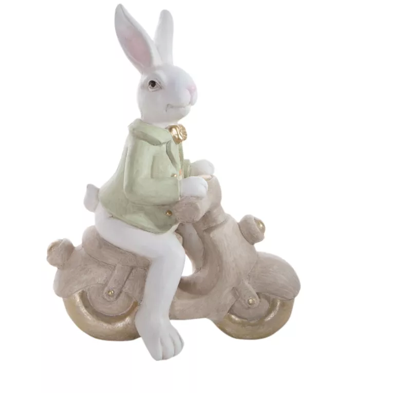 Wielkanocna figurka dekoracyjna uroczego zajączka na skuterku w miętowo, białej kolorystyce Eurofirany