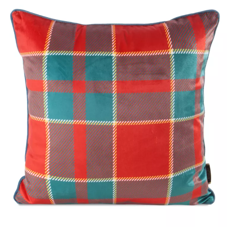 Poszewka na poduszkę świąteczna 45x45 cm welwetowa czerwono, zielona w kratę zdobiona elegancką wypustką Eurofirany