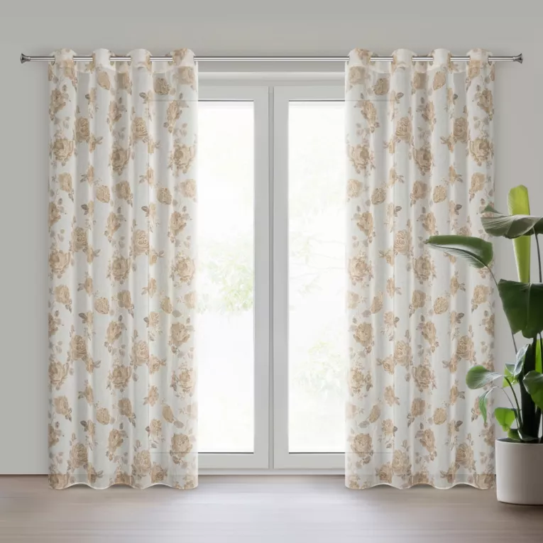 Zasłona biało, beżowa zdobiona nadrukiem róż z dodatkiem złota z etaminy 140x250 cm złote przelotki - MELA Eurofirany