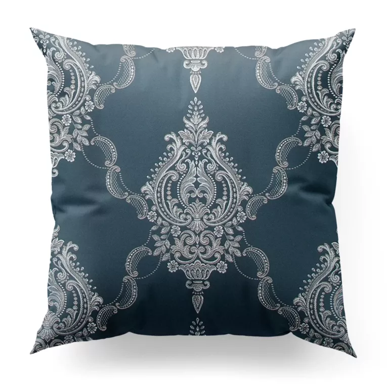 Poszewka szyta granatowo srebrna z eleganckiej tkaniny w duży ornamentowy wzór