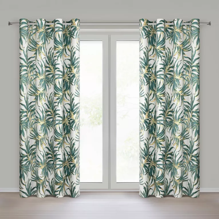 Zasłona biało, zielona z welwetu zdobiona podwójnym nadrukiem z złotymi akcentami 140x250 cm przelotka - ALENA Eurofirany