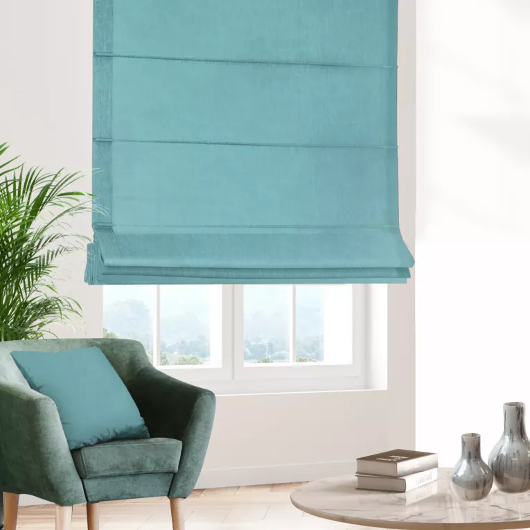 Roleta rzymska LUXOR turkusowa z eleganckiej lśniącej tkaniny o drobnym splocie