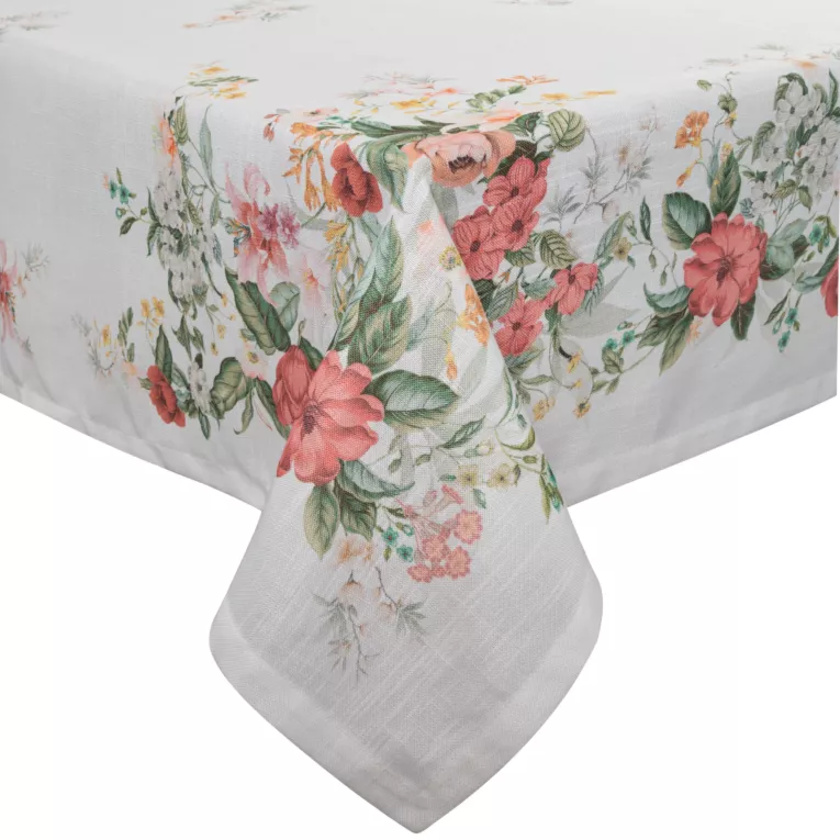 Obrus naturalno, różowy 140x240 cm SUMMER 12 zdobiony nadrukiem letnich kwiatów