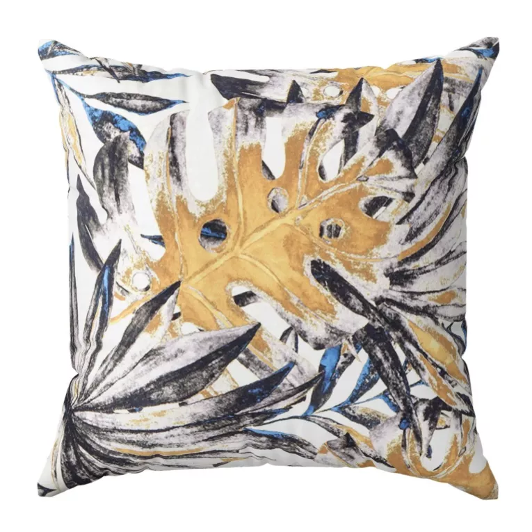 Poszewka szyta SANDERO naturalno musztardowa z miękkiej tkaniny typu blackout drukowanej w modne egzotyczne liście