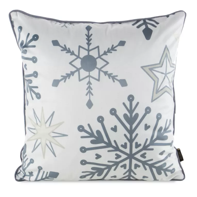 Poszewka na poduszkę świąteczna 45x45 cm biało, stalowa  zdobiona nadrukiem śnieżynek  i elegancką wypustką Eurofirany