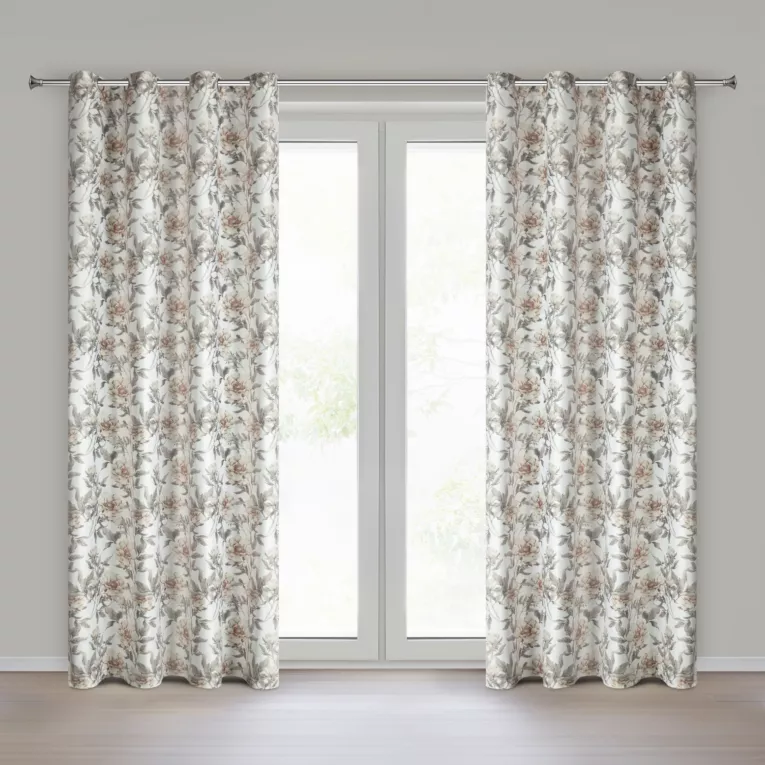 Zasłona biało, beżowa welwetowa z motywem kwiatów 140x250 cm przelotka - BEVERLY Eurofirany