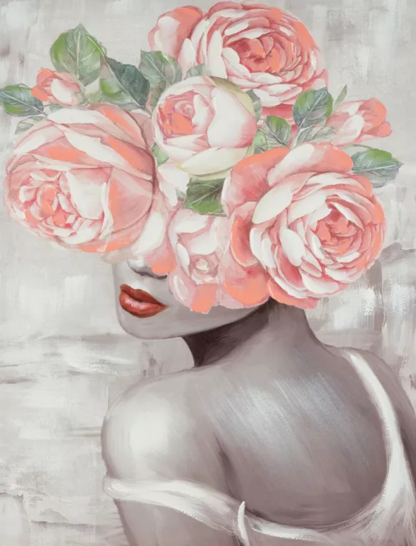 Obraz portret kobiety w nakryciu głowy z kwiatów ręcznie malowany na płótnie w ramie Eurofirany