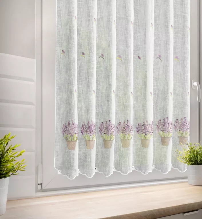 Tkanina firanowa zazdrostka z etaminy zdobiona haftem lawendy Eurofirany