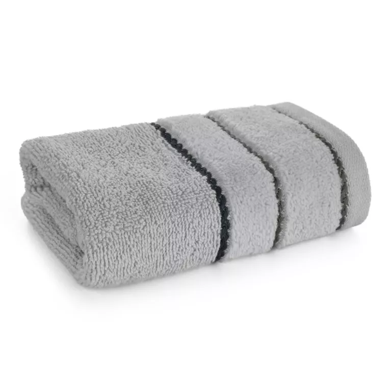 Ręcznik kąpielwoy 50x90 cm bawełniany kolor srebrny z welwetową bordiurą i kontrastującymi paseczkami 500 g/m2 NEL Eurofirany