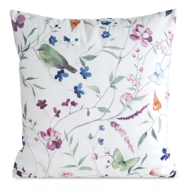 Poszewka na poduszkę 45x45 cm welwetowa zdobiona nadrukiem letnich kwiatów biało, zielona MINK Eurofirany