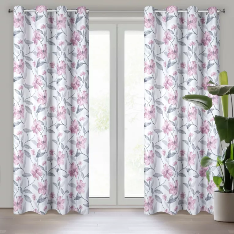 ELIE BIAŁA ZASŁONA ZACIEMNIAJĄCA W RÓŻOWE KWIATY NA PRZELOTKACH 140x250 cm EUROFIRANY