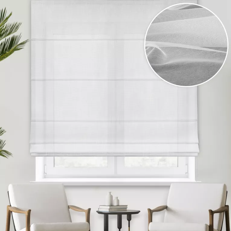 Roleta rzymska biała z matowej tkaniny ADEN,wykończona obciążnikiem