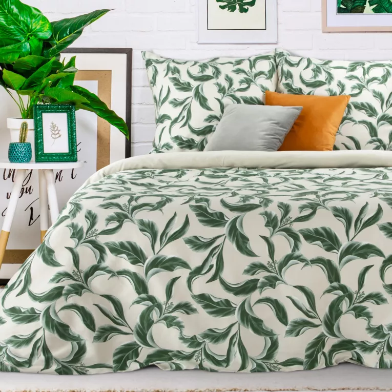Pościel 220x200 bawełniana kolor beżowy, zielony z motywem roślinnym Nika 3 Eurofirany