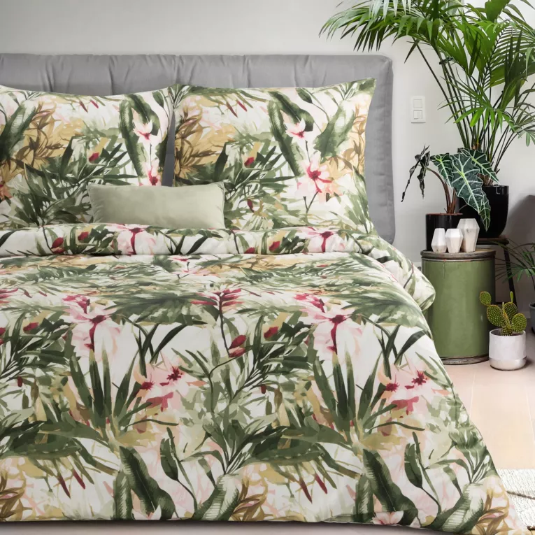 Pościel 160x200 cm z satyny bawełnianej kolor zielony, biały z botanicznym wzorem SPRING 43 Eurofirany
