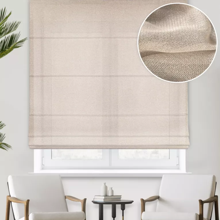 Roleta rzymska beżowa z drobnej siateczki, wykończona obciążnikiem