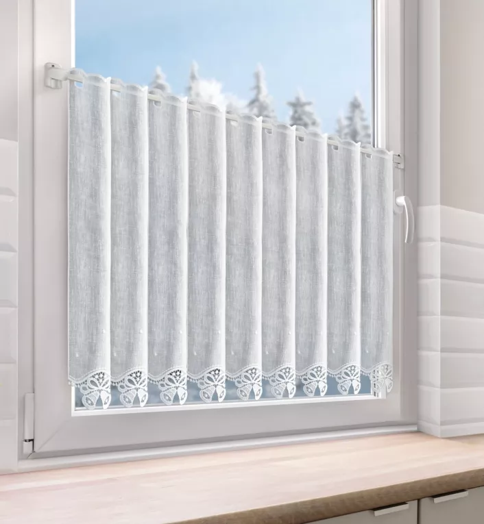 Tkanina firanowa zazdrostka z ażurowym haftem świątecznym w formie dzwoneczków Eurofirany