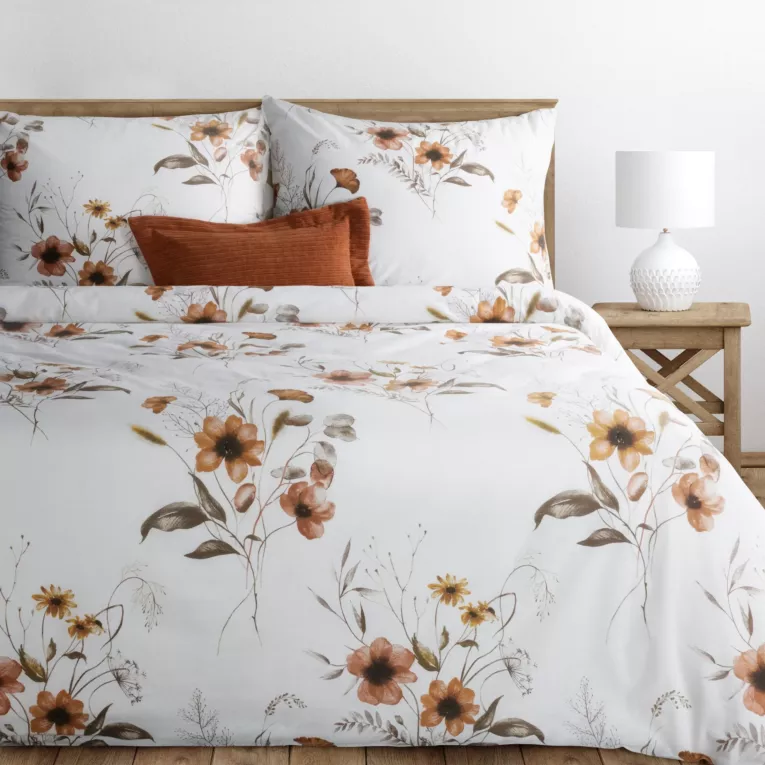 Pościel 160x200 cm komplet 3 częściowy kolor biało, rudy z motywem kwiatów CELINE Eurofirany