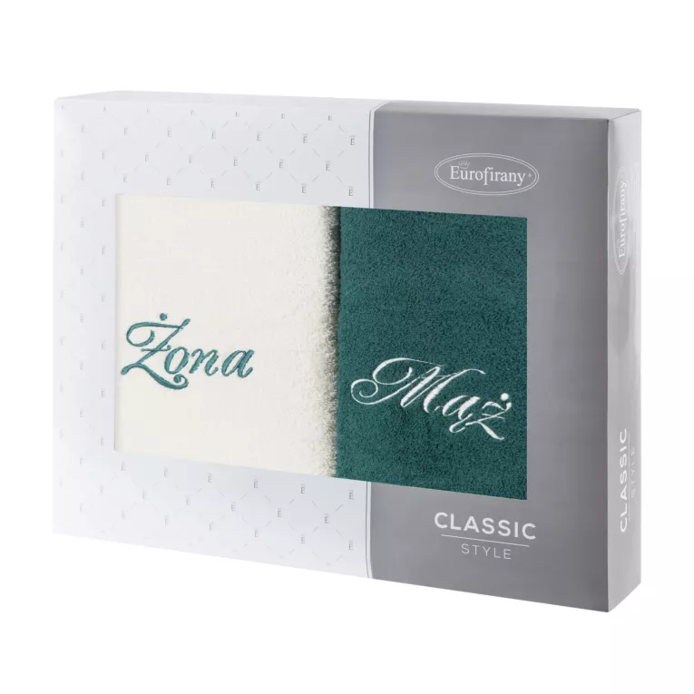 Zestaw ręczników bawełnianych 2 szt 70x140 cm z haftem Żona i Mąż kolor kremowy,ciemnozielony 400 g/m2 Eurofirany