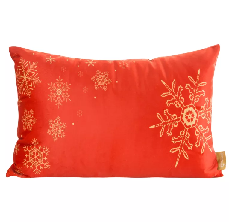 Poszewka na poduszkę 30x50 cm welwetowa z nadrukiem złotych śnieżynek czerwona CHERRY Eurofirany