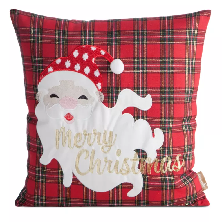 Poszewka na poduszkę świąteczna 45x45 cm czerwono, biała w kratę zdobiona haftem zabawnego Mikołaja Eurofirany