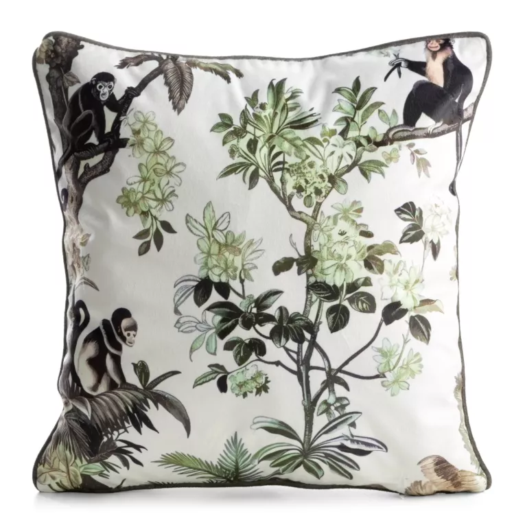 Poszewka na poduszkę 45x45 cm welwetowa biało, zielona z roślinnym nadrukiem VELVET 206 Eurofirany