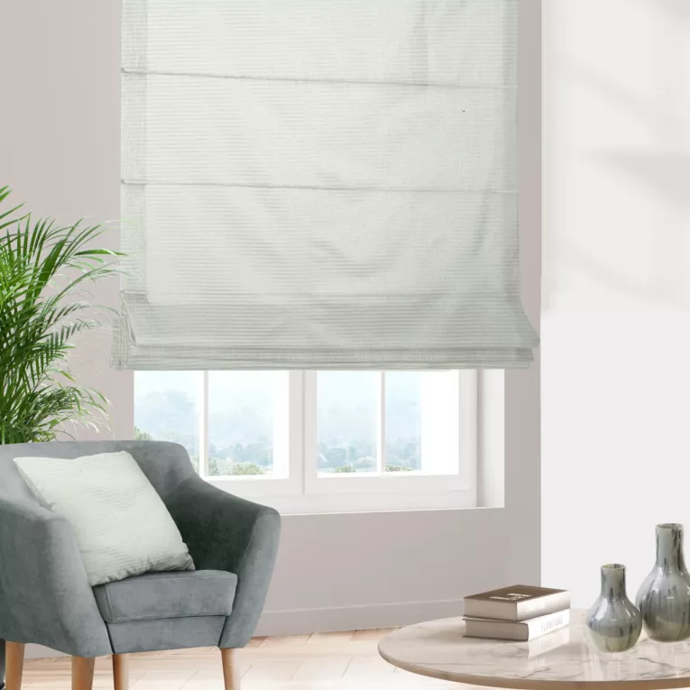 Roleta rzymska FIONA kremowo szampańska z dwustronnej tkaniny w paseczki z dodatkiem srebrnej nici