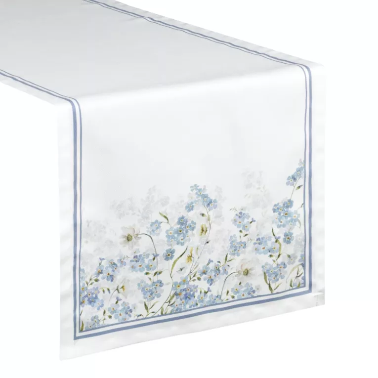 Bieżnik na stół naturalno, błękitny z motywem kwiatów 40x140 cm SUMMER 18 Eurofirany