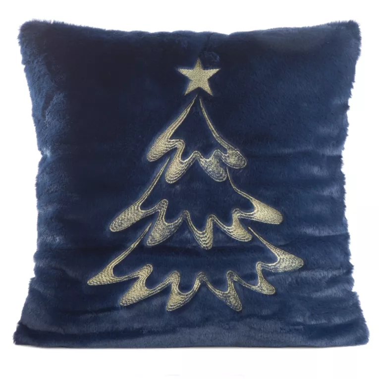 Poszewka na poduszkę świąteczna 45x45 cm granatowo, szampańska z przyjemnego futerka zdobiona haftem choinki Eurofirany