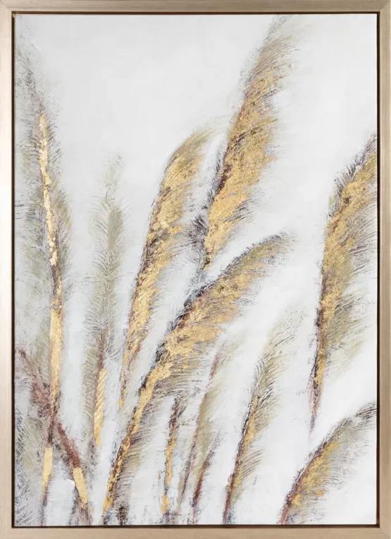 Ręcznie malowany obraz na płótnie z trawą pampasową zdobioną złotymi akcentami oprawiony w ramę Eurofirany