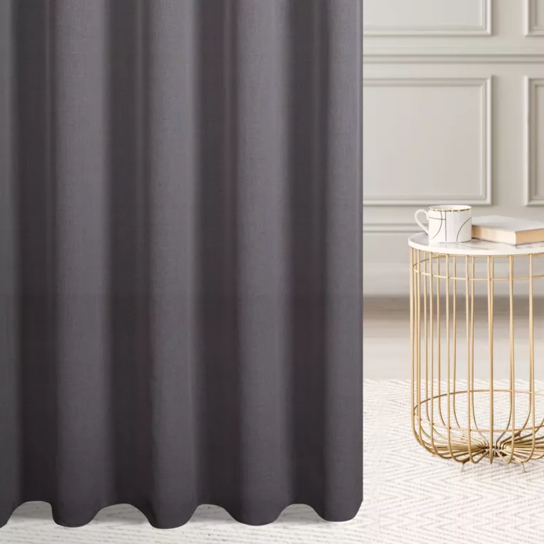 Firana szyta na taśmie fala grafitowa z półmatowej etaminy o luźnym splocie, wykończona obciążnikiem