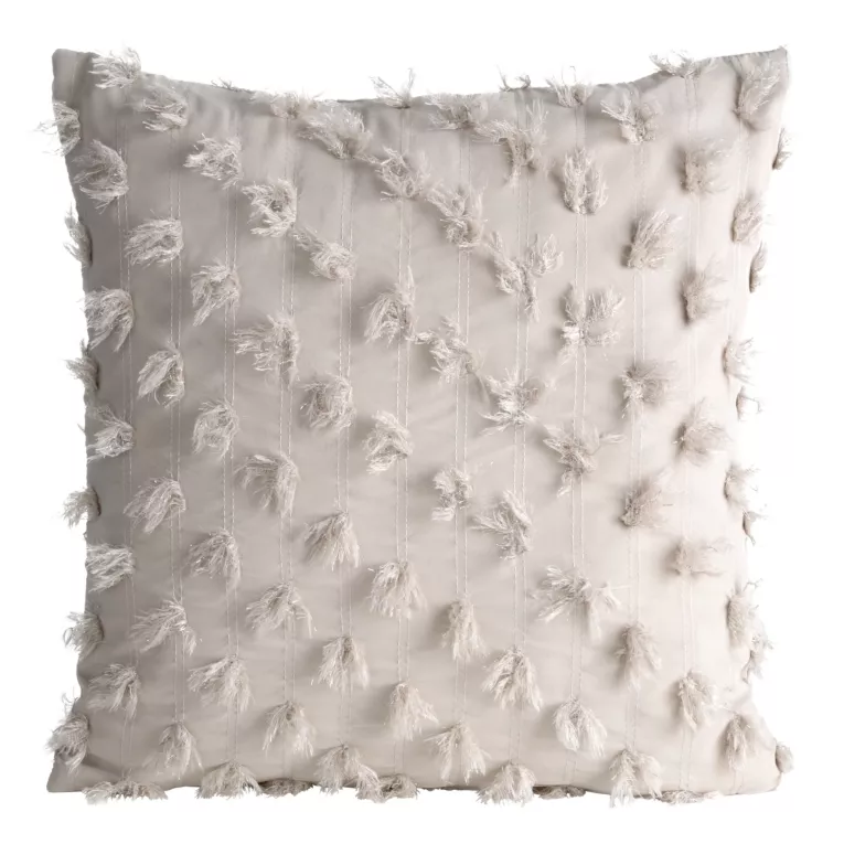 Poszewka na poduszkęe 45x45 cm z szyfonowej tkaniny zdobiona pomponami z błyszczącą nicią beżowa AURELIA EVA MINGE Eurofirany