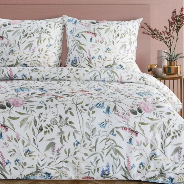Pościel 220x200 cm z satyny bawełnianej kolor biały, zielony z roślinnym wzorem SPRING 51 Eurofirany
