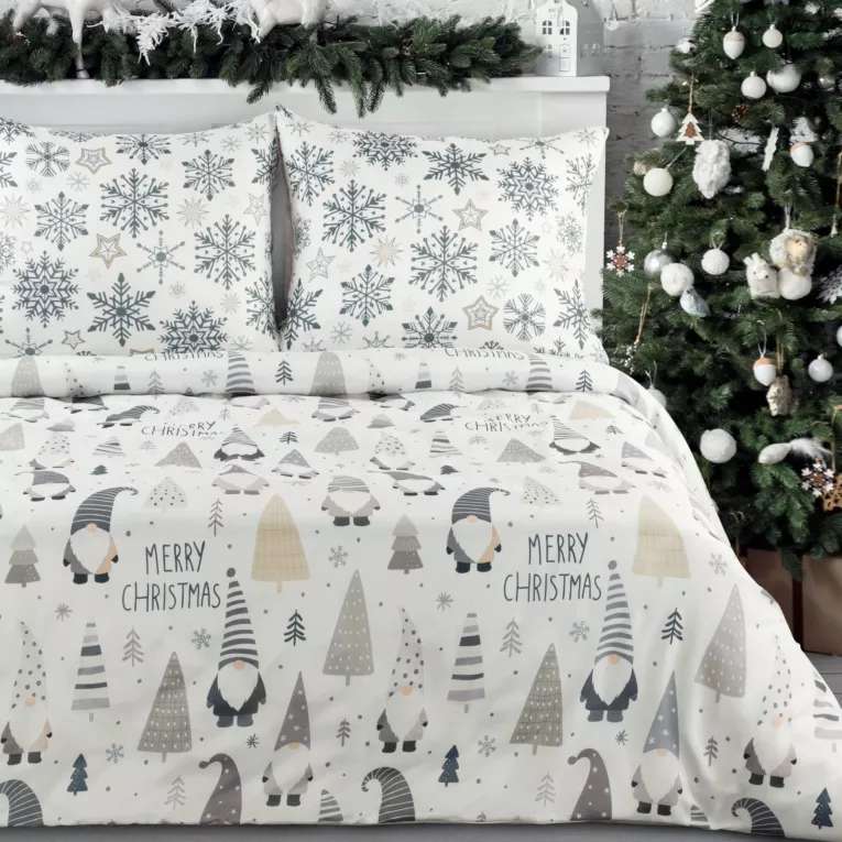 Pościel świąteczna 220x200 cm bawełna ranforce kolor biały, stalowy zdobiona nadrukiem uroczych skrzatów DWARF Eurofirany