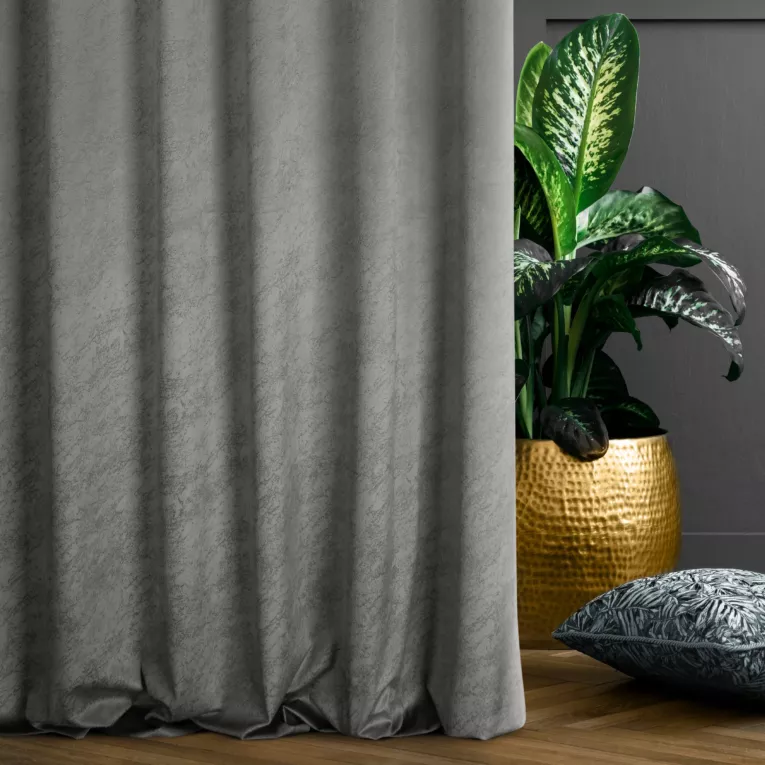 Zasłona szyta na taśmie fala popielata z welwetowej tkaniny w drobny melanż