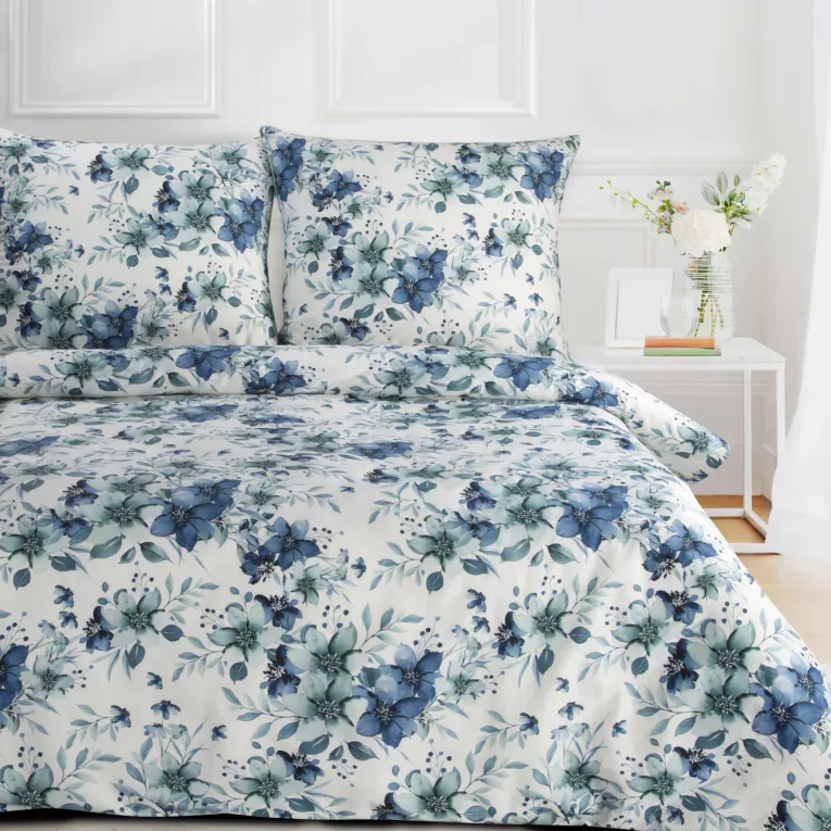 Pościel 160x200 cm z satyny bawełnianej kolor biały, niebieski z kwiatowym wzorem SPRING 54 Eurofirany