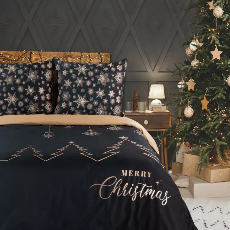 Pościel świąteczna 140x200 cm bawełniana kolor czarny, złoty z eleganckim wzorem styl glamour ASTRA Eurofirany