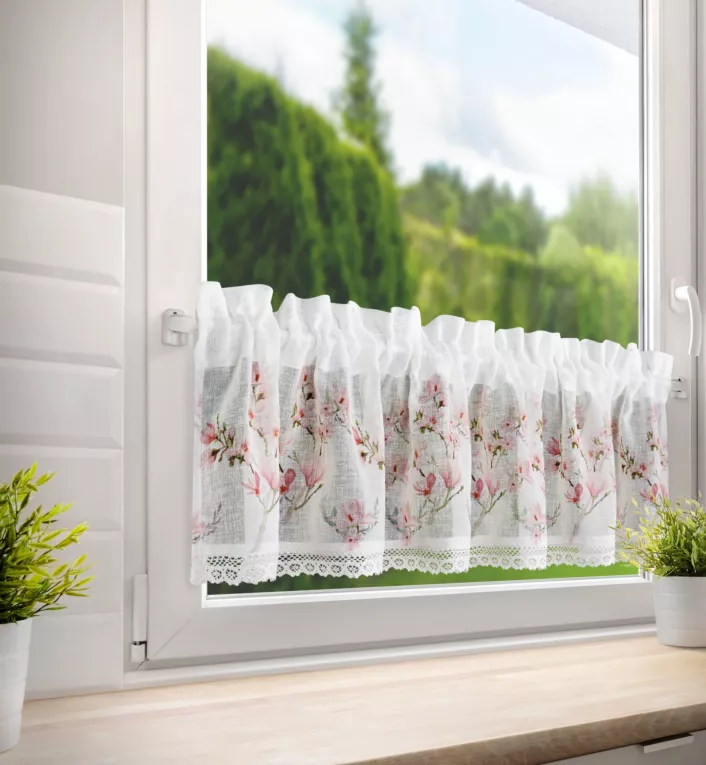 Zazdrostka biała z etaminy w różowe kwiaty z koronką 150x30 cm tunel AMELIA Eurofirany