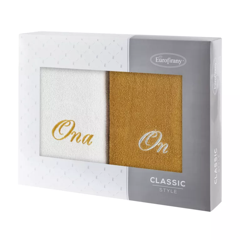 Zestaw ręczników bawełnianych 2 szt 50x90 cm z haftem ONA I ON kolor srebrny,musztardowy 400 g/m2 Eurofirany
