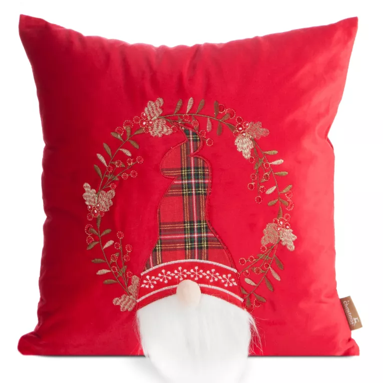 Poszewka na poduszkę świąteczna 45x45 cm czerwono, biała zdobiona aplikacja skrzata Eurofirany