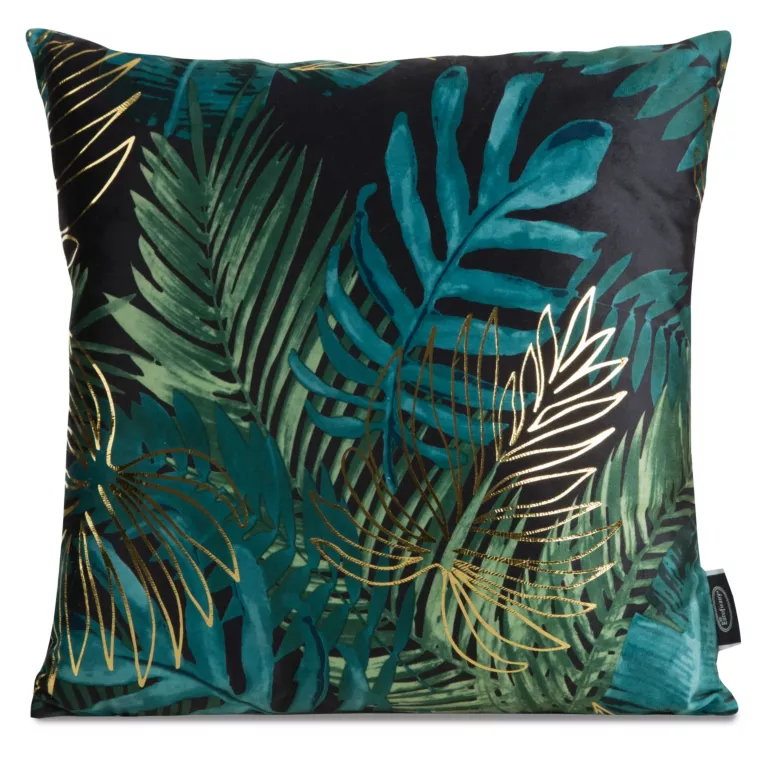 Poszewka na poduszkę 40x40 cm welwetowa z nadrukiem z motywem egzotycznych liści czarno, zielona DAVOS Eurofirany