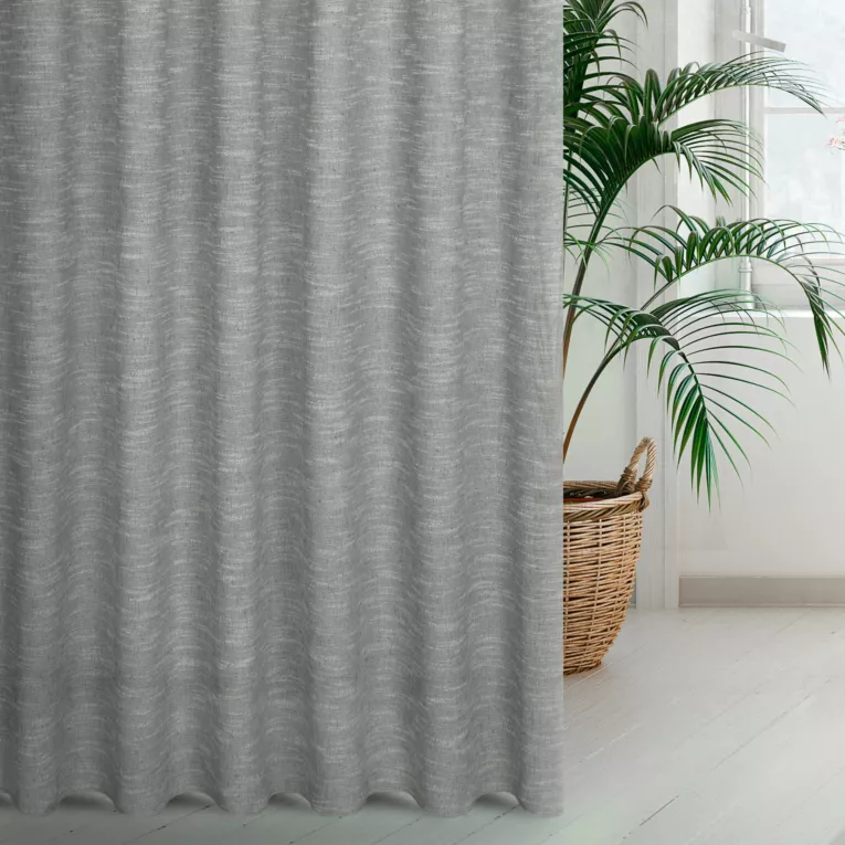 Zasłona szyta na taśmie 8 cm popielata z matowej luźnotkanej tkaniny z efektem melanżu, wykończona obciążnikiem